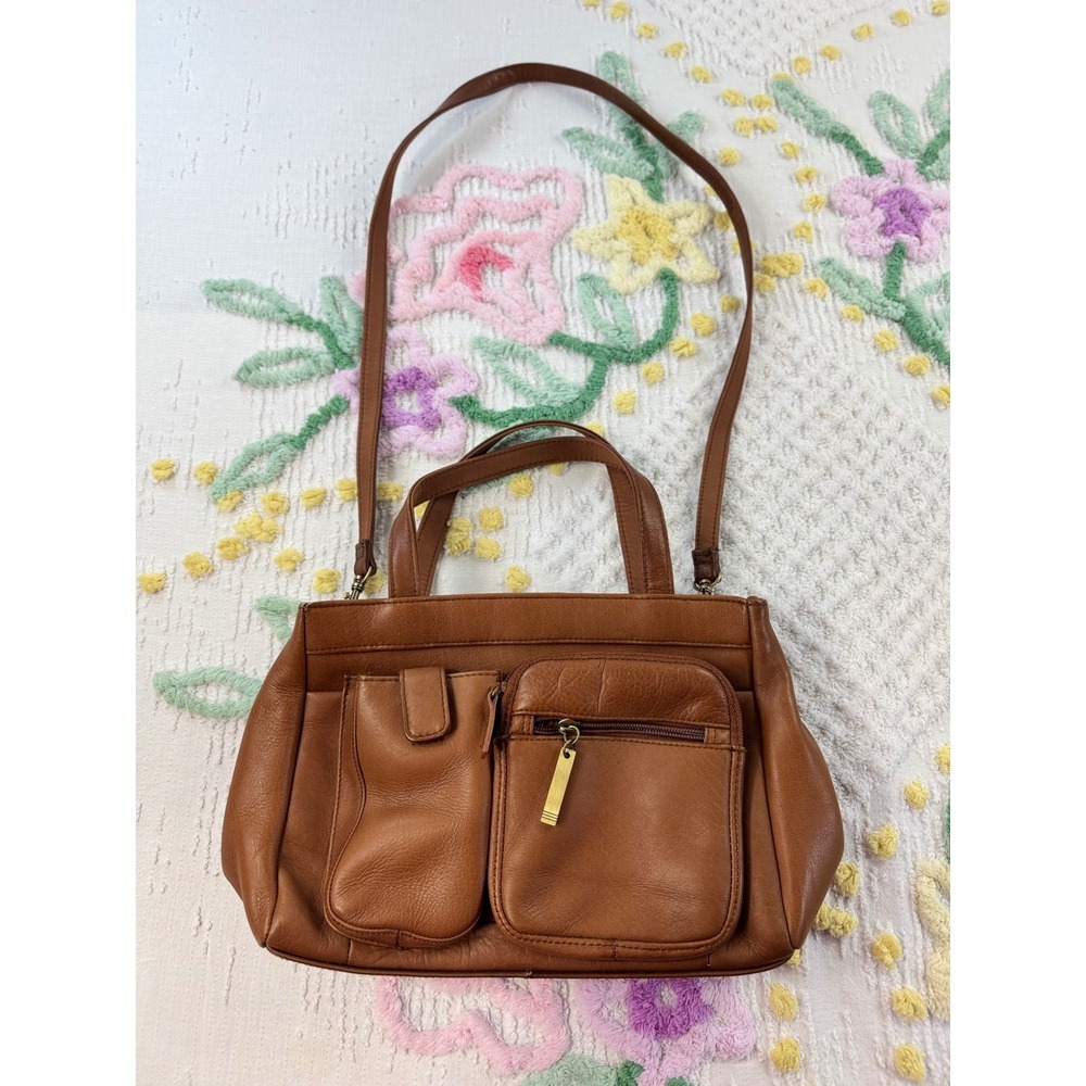 Brown‎ Leather Satchel Shoulder Crossbody Bag Multiple Pockets